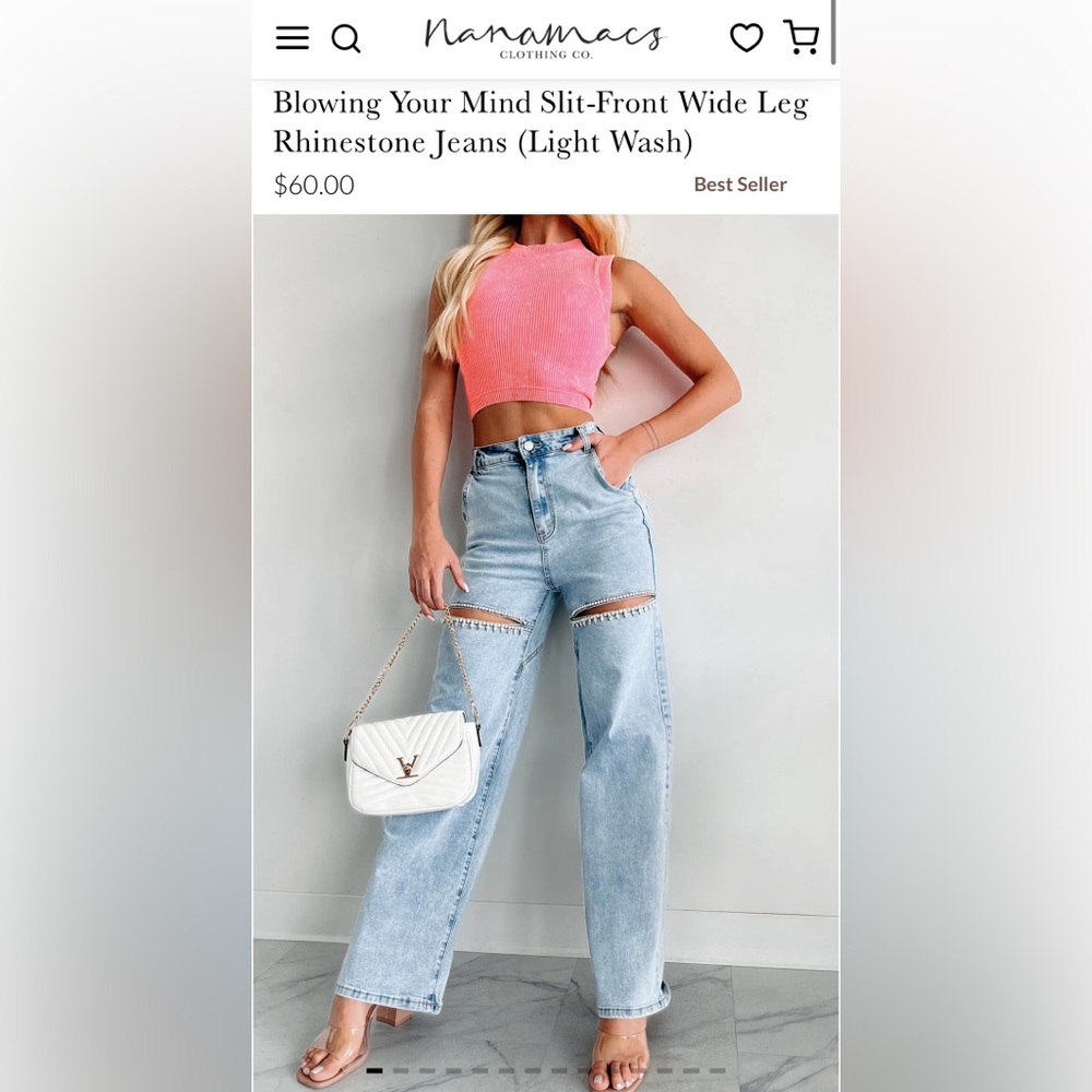 NanaMacs Blowing Your Mind Slit-Front Wide Leg Rhinestone Jeans (Light Wash) - L